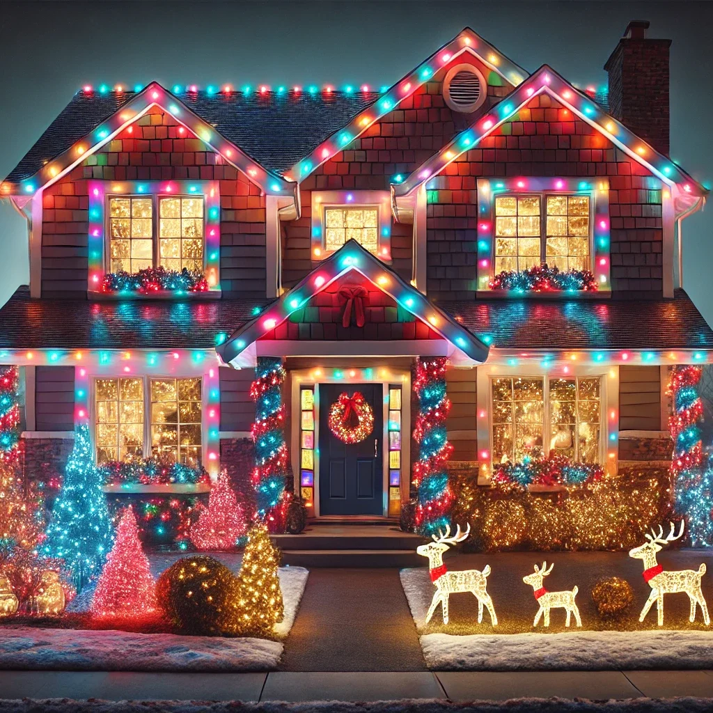 DALL·E 2025-01-20 19.33.15 - A cozy suburban house decorated with Christmas lights at night. The house features multicolored lights outlining the roof, windows, and doors, with ad